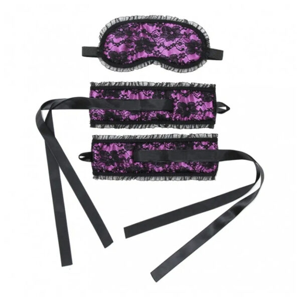 Rimba Satijn look handboeien met masker, Zwart-Paars